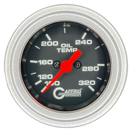 GAFFRIG PART #5022 2 INCH ELECTRIC OIL TEMP GAUGE 100-320 F BLACK - 270 SWEEP STEP RIM (002) / PLATINUM