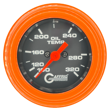 GAFFRIG PART #5022 2 INCH ELECTRIC OIL TEMP GAUGE 100-320 F BLACK - 270 SWEEP STEP RIM (002) / ORANGE