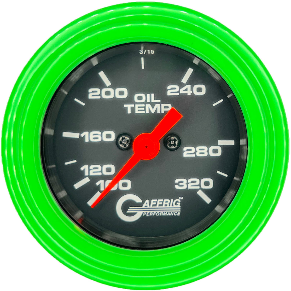 GAFFRIG PART #5022 2 INCH ELECTRIC OIL TEMP GAUGE 100-320 F BLACK - 270 SWEEP STEP RIM (002) / LIME GREEN