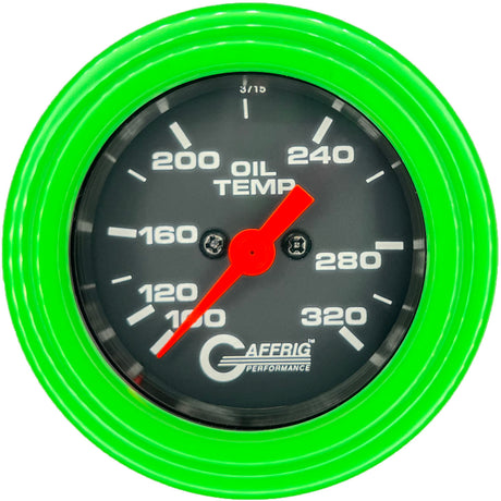 GAFFRIG PART #5022 2 INCH ELECTRIC OIL TEMP GAUGE 100-320 F BLACK - 270 SWEEP STEP RIM (002) / LIME GREEN