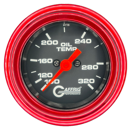 GAFFRIG PART #5022 2 INCH ELECTRIC OIL TEMP GAUGE 100-320 F BLACK - 270 SWEEP STEP RIM (002) / RED