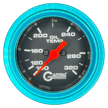 GAFFRIG PART #5022 2 INCH ELECTRIC OIL TEMP GAUGE 100-320 F BLACK - 270 SWEEP STEP RIM (002) / TEAL