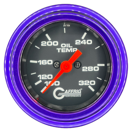 GAFFRIG PART #5022 2 INCH ELECTRIC OIL TEMP GAUGE 100-320 F BLACK - 270 SWEEP STEP RIM (002) / PURPLE