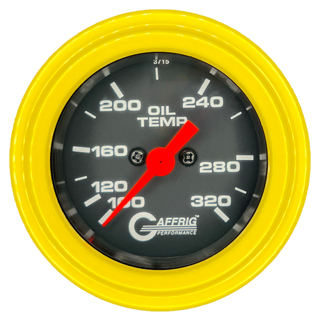 GAFFRIG PART #5022 2 INCH ELECTRIC OIL TEMP GAUGE 100-320 F BLACK - 270 SWEEP STEP RIM (002) / YELLOW