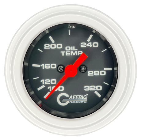 GAFFRIG PART #5022 2 INCH ELECTRIC OIL TEMP GAUGE 100-320 F BLACK - 270 SWEEP STEP RIM (002) / WHITE