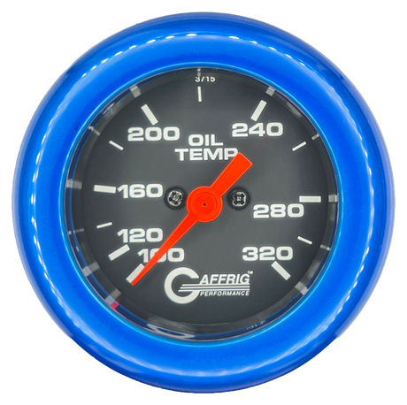 GAFFRIG PART #5022 2 INCH ELECTRIC OIL TEMP GAUGE 100-320 F BLACK - 270 SWEEP FAT RIM (218) / BLUE