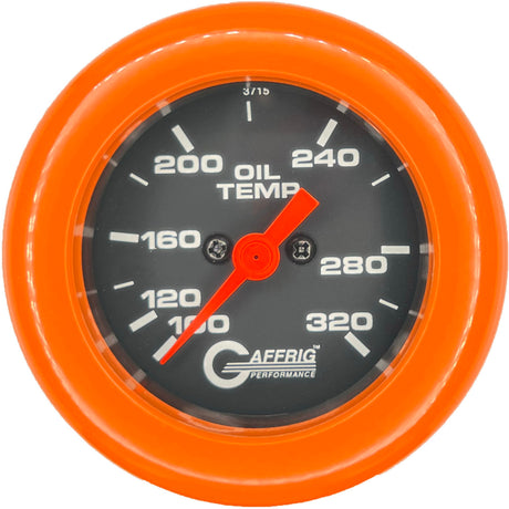 GAFFRIG PART #5022 2 INCH ELECTRIC OIL TEMP GAUGE 100-320 F BLACK - 270 SWEEP FAT RIM (218) / ORANGE