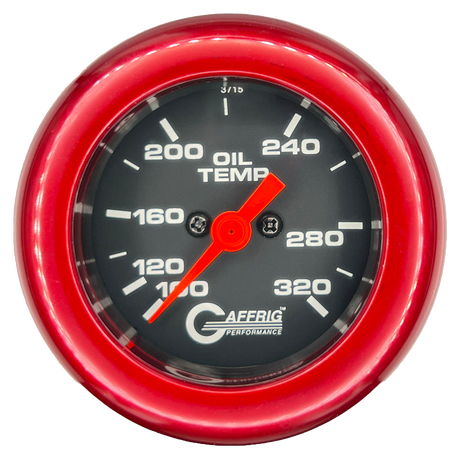 GAFFRIG PART #5022 2 INCH ELECTRIC OIL TEMP GAUGE 100-320 F BLACK - 270 SWEEP FAT RIM (218) / RED