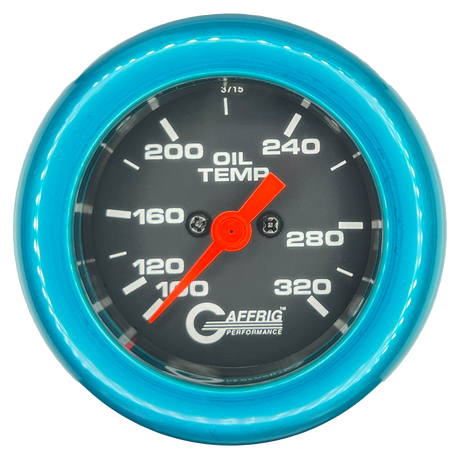 GAFFRIG PART #5022 2 INCH ELECTRIC OIL TEMP GAUGE 100-320 F BLACK - 270 SWEEP FAT RIM (218) / TEAL