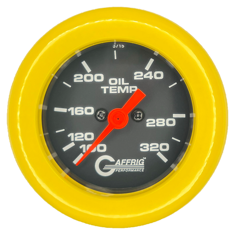 GAFFRIG PART #5022 2 INCH ELECTRIC OIL TEMP GAUGE 100-320 F BLACK - 270 SWEEP FAT RIM (218) / YELLOW