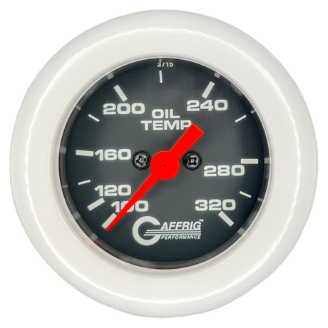 GAFFRIG PART #5022 2 INCH ELECTRIC OIL TEMP GAUGE 100-320 F BLACK - 270 SWEEP FAT RIM (218) / WHITE