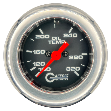 GAFFRIG PART #5022 2 INCH ELECTRIC OIL TEMP GAUGE 100-320 F BLACK - 270 SWEEP FAT RIM (218) / CHROME/POLISHED