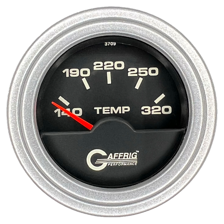 GAFFRIG 2 INCH ELECTRIC TRANSMISSION TEMP GAUGE 140-320 F STEP RIM (002) / PLATINUM / BLACK