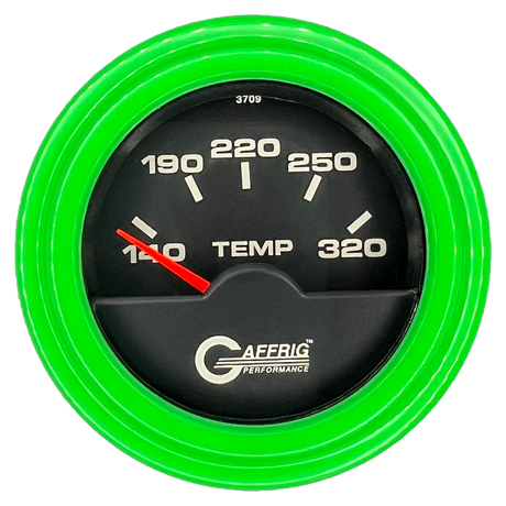 GAFFRIG 2 INCH ELECTRIC TRANSMISSION TEMP GAUGE 140-320 F STEP RIM (002) / LIME GREEN / BLACK