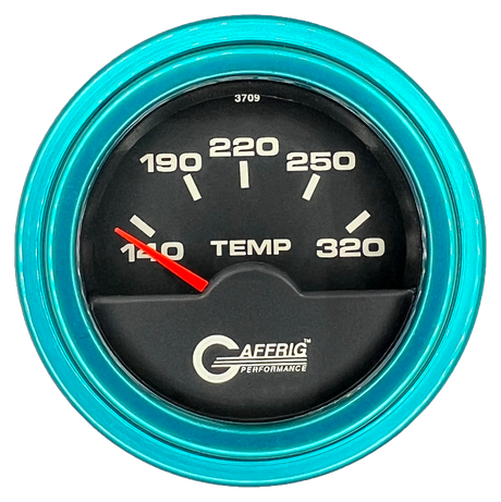 GAFFRIG 2 INCH ELECTRIC TRANSMISSION TEMP GAUGE 140-320 F STEP RIM (002) / TEAL / BLACK