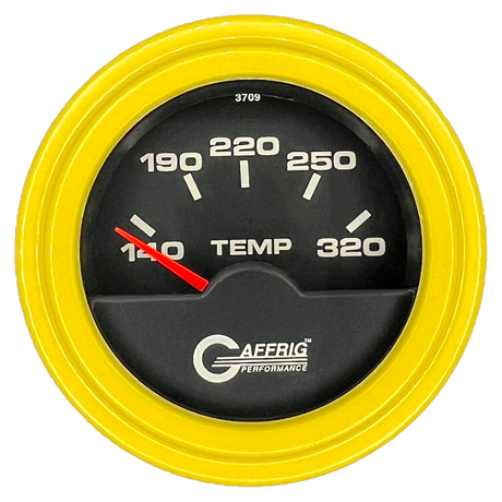 GAFFRIG 2 INCH ELECTRIC TRANSMISSION TEMP GAUGE 140-320 F STEP RIM (002) / YELLOW / BLACK