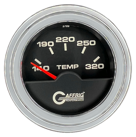 GAFFRIG 2 INCH ELECTRIC TRANSMISSION TEMP GAUGE 140-320 F STEP RIM (002) / CHROME/POLISHED / BLACK