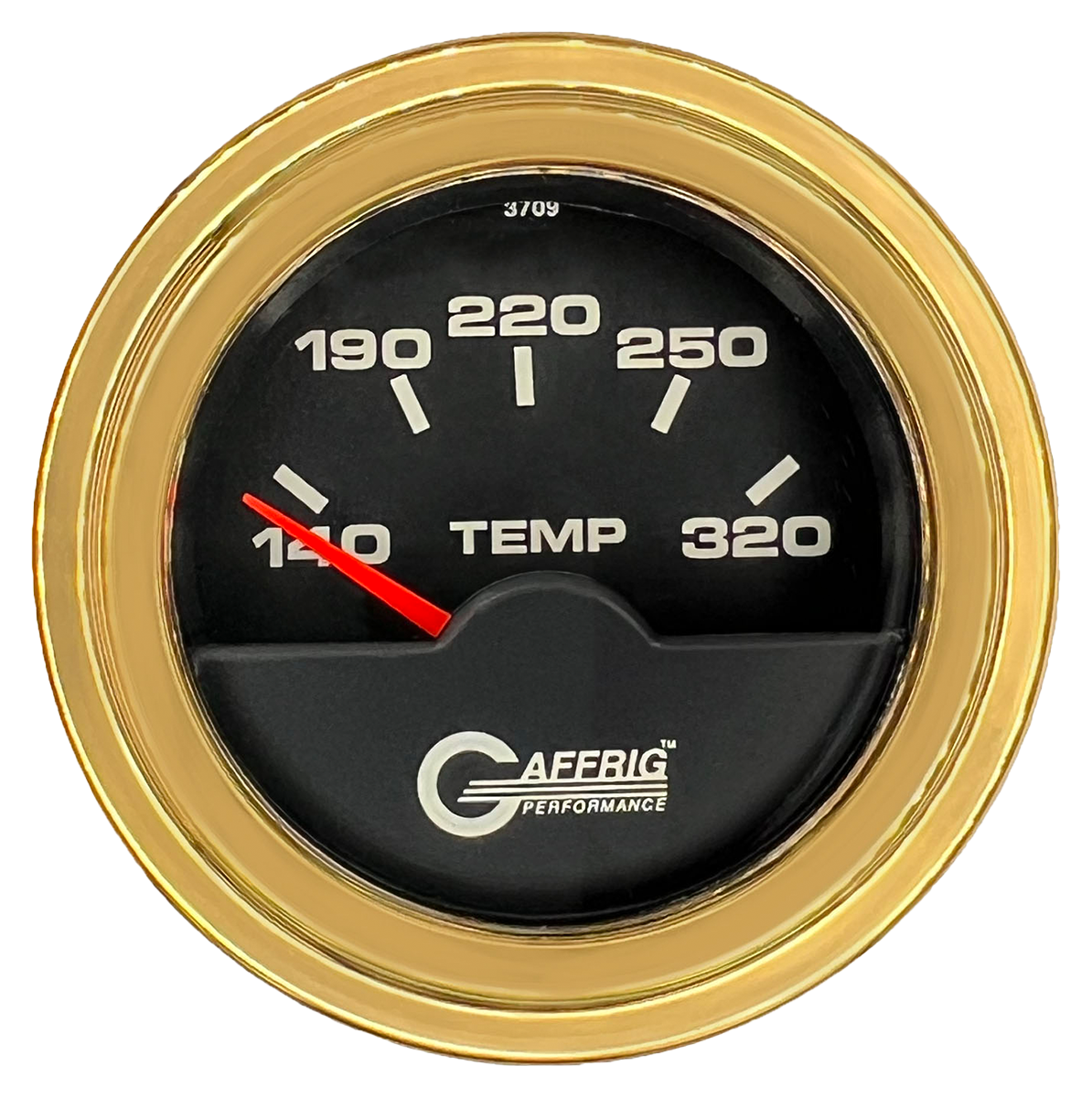 GAFFRIG 2 INCH ELECTRIC TRANSMISSION TEMP GAUGE 140-320 F STEP RIM (002) / GOLD / BLACK