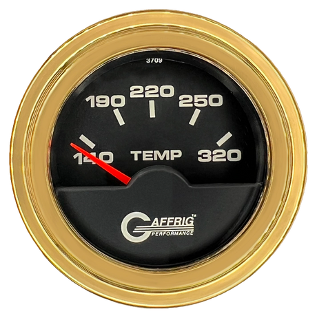 GAFFRIG 2 INCH ELECTRIC TRANSMISSION TEMP GAUGE 140-320 F STEP RIM (002) / GOLD / BLACK