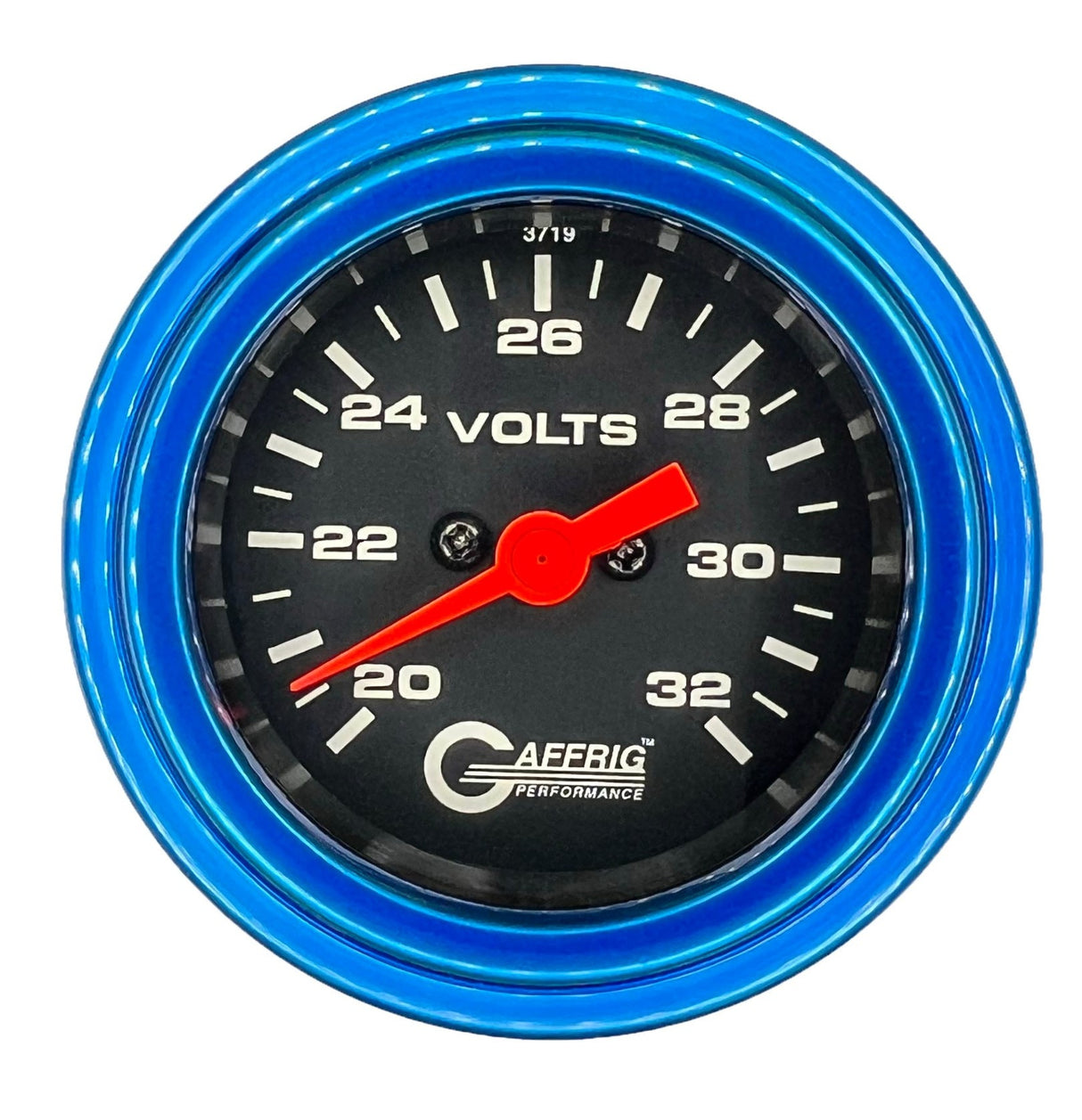 GAFFRIG 2 INCH ELECTRIC VOLTMETER GAUGE 16-32 VOLT - 270 DEGREE SWEEP BLACK / STEP RIM / BLUE