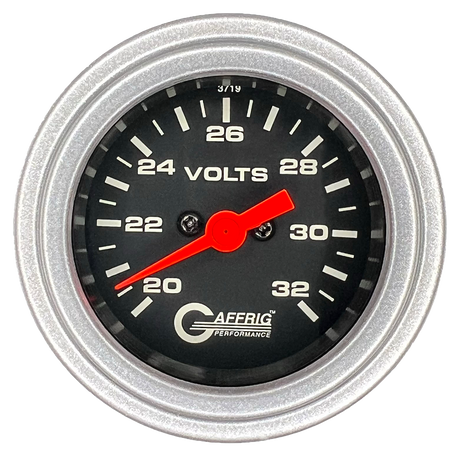 GAFFRIG 2 INCH ELECTRIC VOLTMETER GAUGE 16-32 VOLT - 270 DEGREE SWEEP BLACK / STEP RIM / PLATINUM