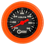 GAFFRIG 2 INCH ELECTRIC VOLTMETER GAUGE 16-32 VOLT - 270 DEGREE SWEEP BLACK / STEP RIM / ORANGE