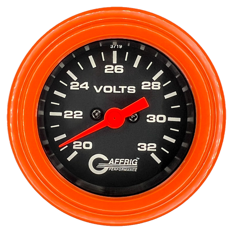 GAFFRIG 2 INCH ELECTRIC VOLTMETER GAUGE 16-32 VOLT - 270 DEGREE SWEEP BLACK / STEP RIM / ORANGE