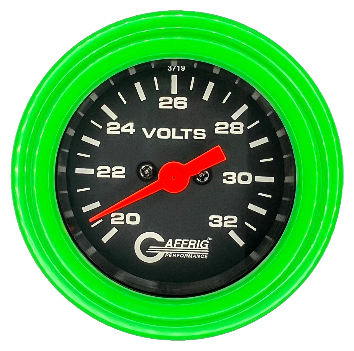 GAFFRIG 2 INCH ELECTRIC VOLTMETER GAUGE 16-32 VOLT - 270 DEGREE SWEEP BLACK / STEP RIM / LIME GREEN