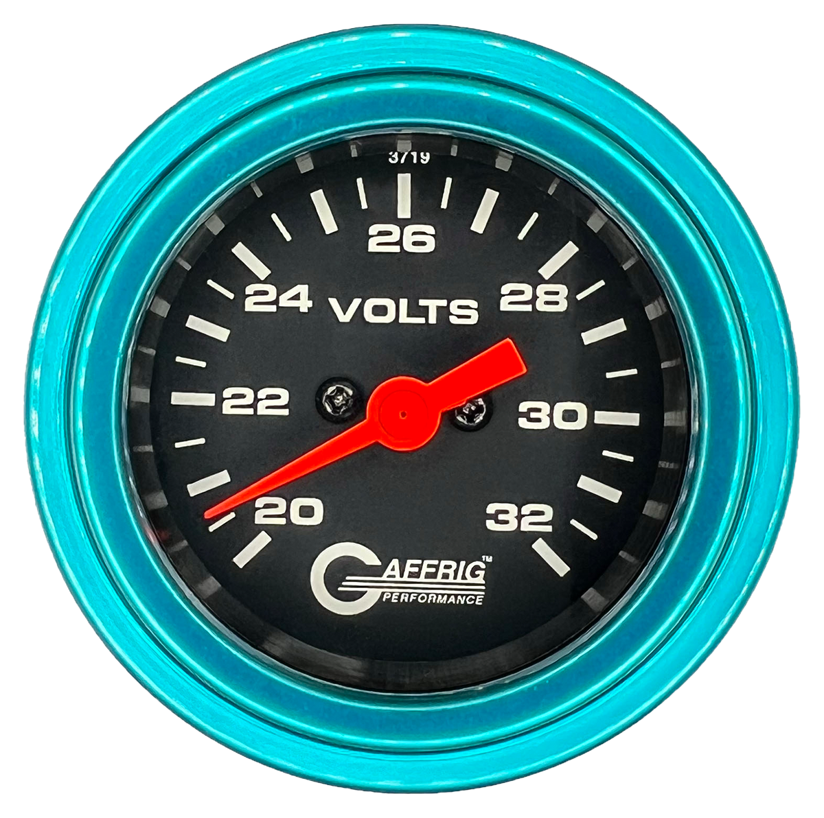 GAFFRIG 2 INCH ELECTRIC VOLTMETER GAUGE 16-32 VOLT - 270 DEGREE SWEEP BLACK / STEP RIM / TEAL