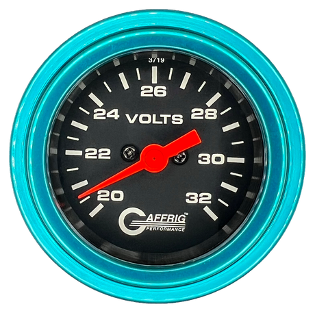 GAFFRIG 2 INCH ELECTRIC VOLTMETER GAUGE 16-32 VOLT - 270 DEGREE SWEEP BLACK / STEP RIM / TEAL