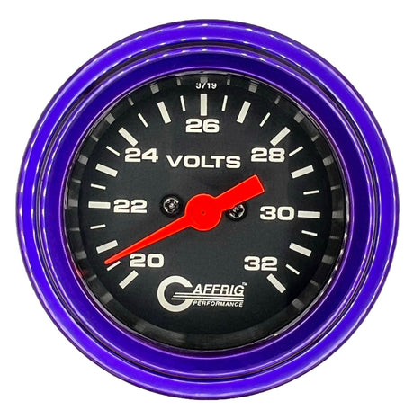 GAFFRIG 2 INCH ELECTRIC VOLTMETER GAUGE 16-32 VOLT - 270 DEGREE SWEEP BLACK / STEP RIM / PURPLE