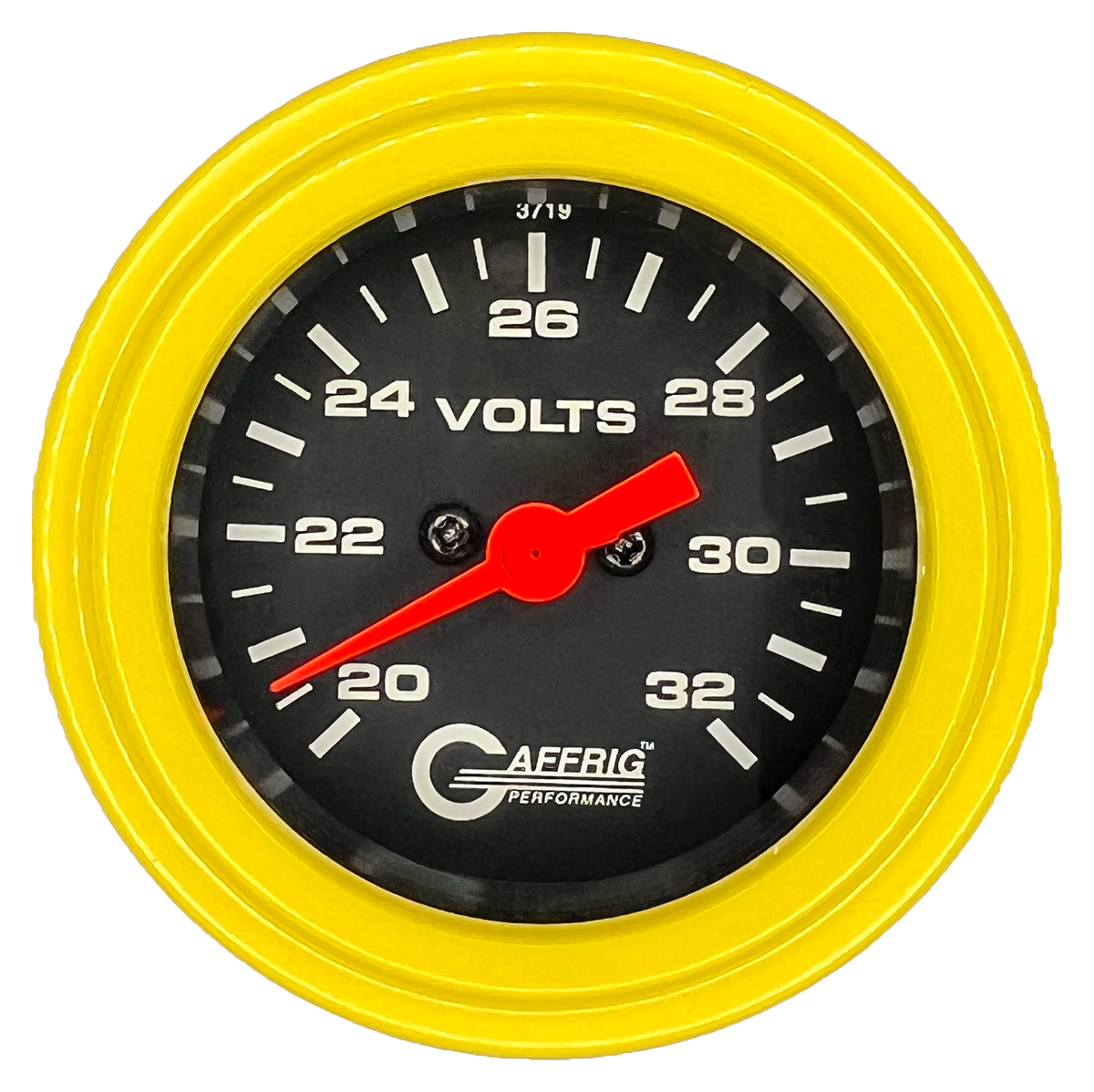 GAFFRIG 2 INCH ELECTRIC VOLTMETER GAUGE 16-32 VOLT - 270 DEGREE SWEEP BLACK / STEP RIM / YELLOW