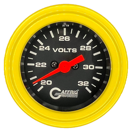 GAFFRIG 2 INCH ELECTRIC VOLTMETER GAUGE 16-32 VOLT - 270 DEGREE SWEEP BLACK / STEP RIM / YELLOW