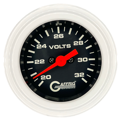 GAFFRIG 2 INCH ELECTRIC VOLTMETER GAUGE 16-32 VOLT - 270 DEGREE SWEEP BLACK / STEP RIM / WHITE