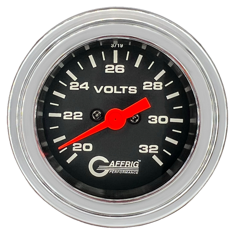 GAFFRIG 2 INCH ELECTRIC VOLTMETER GAUGE 16-32 VOLT - 270 DEGREE SWEEP BLACK / STEP RIM / CHROME