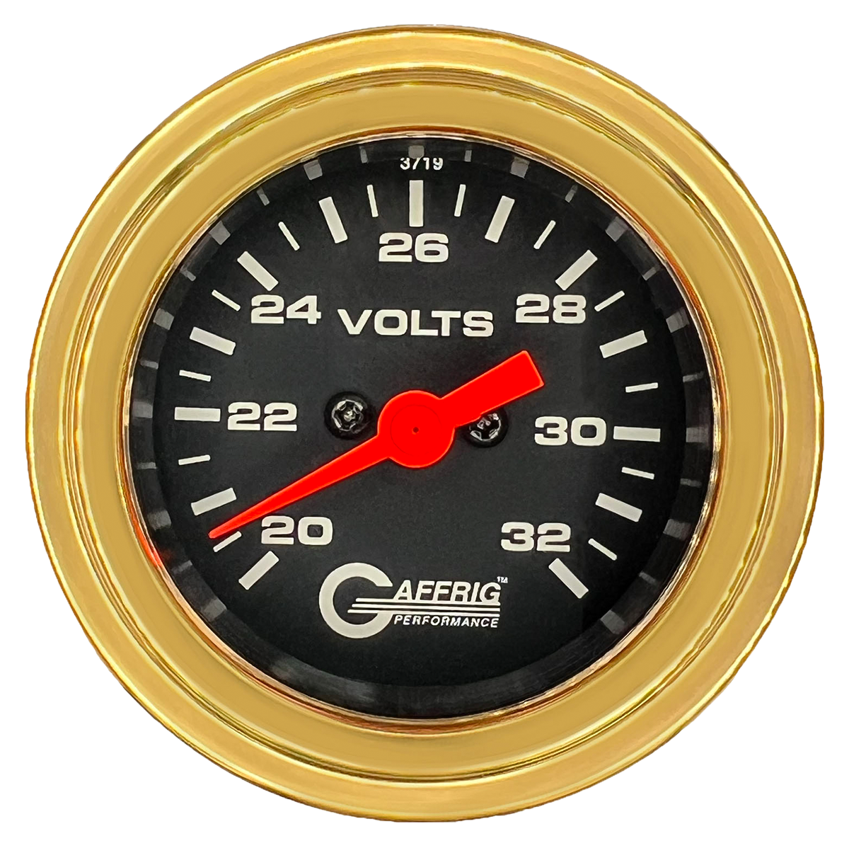 GAFFRIG 2 INCH ELECTRIC VOLTMETER GAUGE 16-32 VOLT - 270 DEGREE SWEEP BLACK / STEP RIM / GOLD