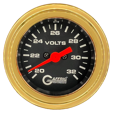 GAFFRIG 2 INCH ELECTRIC VOLTMETER GAUGE 16-32 VOLT - 270 DEGREE SWEEP BLACK / STEP RIM / GOLD