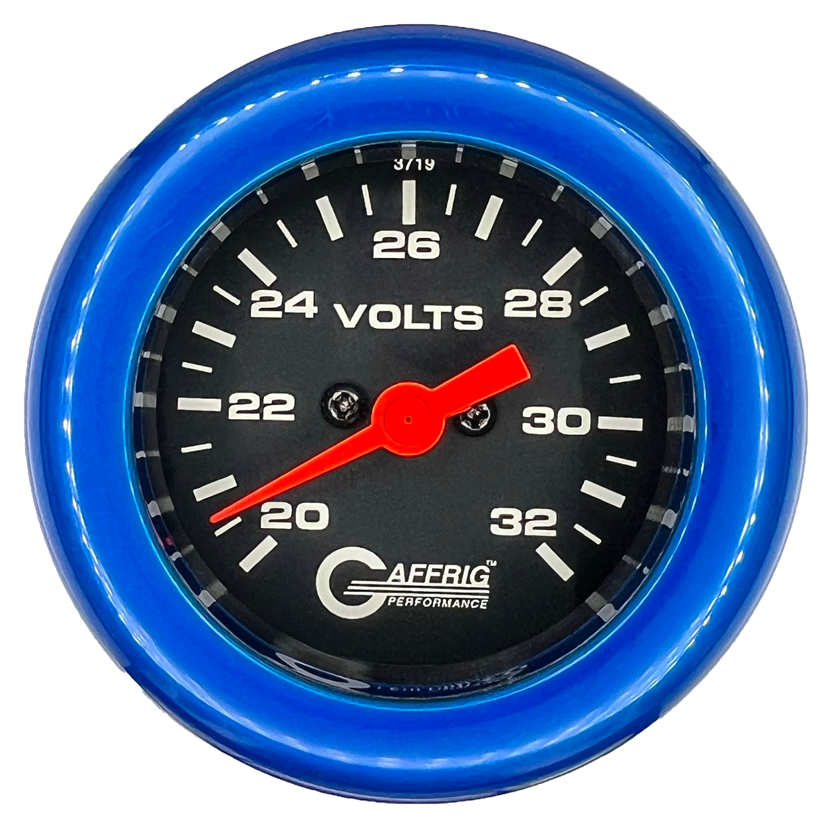 GAFFRIG 2 INCH ELECTRIC VOLTMETER GAUGE 16-32 VOLT - 270 DEGREE SWEEP BLACK / FAT RIM / BLUE