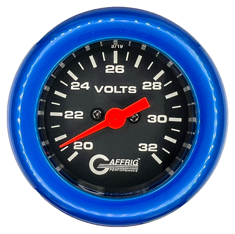 GAFFRIG 2 INCH ELECTRIC VOLTMETER GAUGE 16-32 VOLT - 270 DEGREE SWEEP BLACK / FAT RIM / BLUE