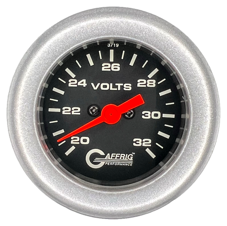 GAFFRIG 2 INCH ELECTRIC VOLTMETER GAUGE 16-32 VOLT - 270 DEGREE SWEEP BLACK / FAT RIM / PLATINUM