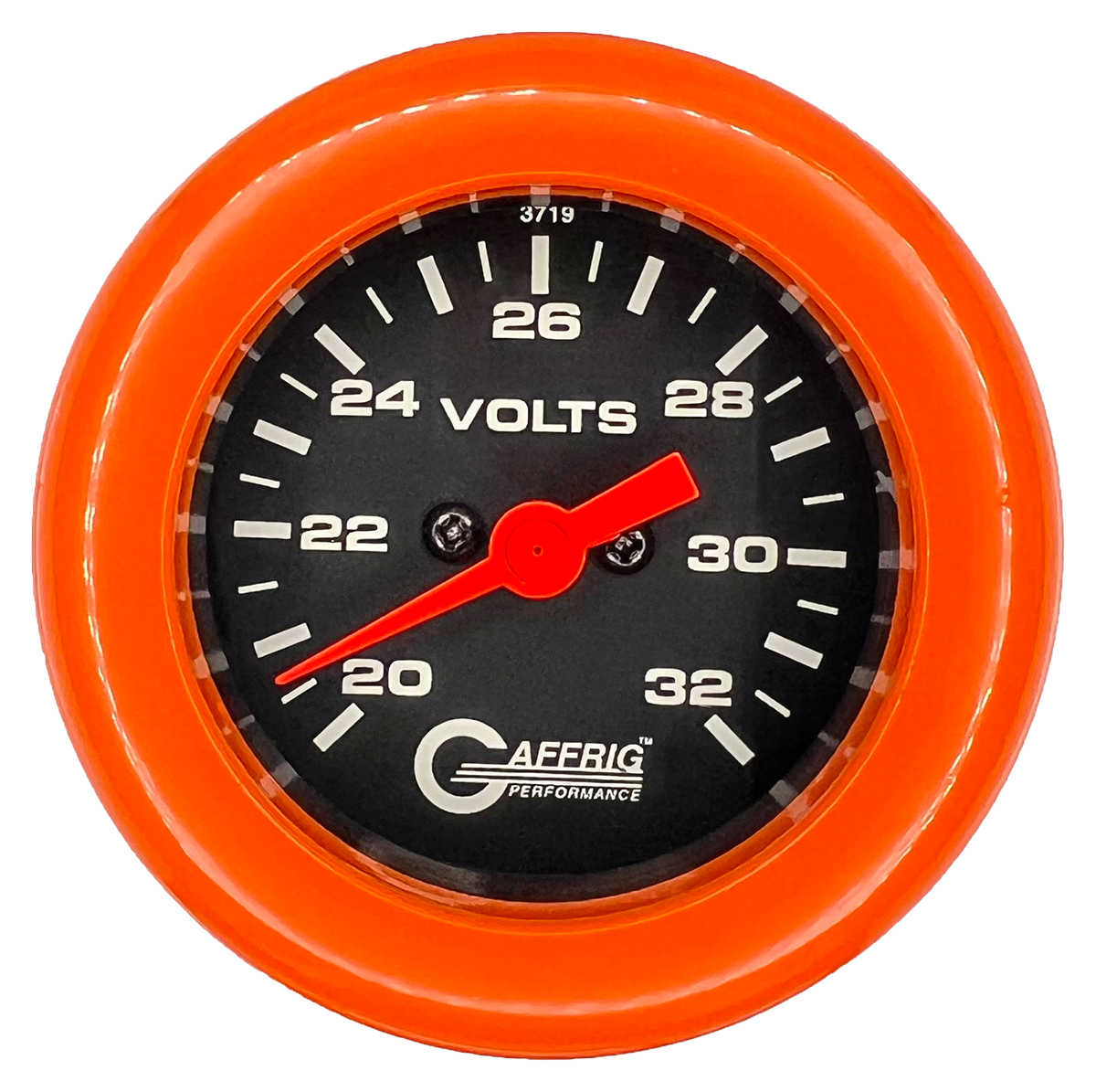 GAFFRIG 2 INCH ELECTRIC VOLTMETER GAUGE 16-32 VOLT - 270 DEGREE SWEEP BLACK / FAT RIM / ORANGE