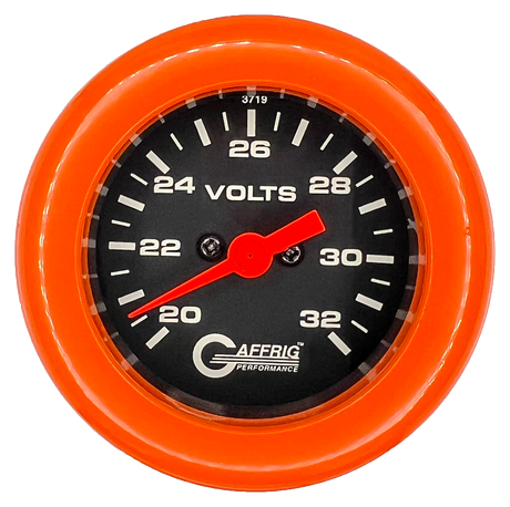 GAFFRIG 2 INCH ELECTRIC VOLTMETER GAUGE 16-32 VOLT - 270 DEGREE SWEEP BLACK / FAT RIM / ORANGE