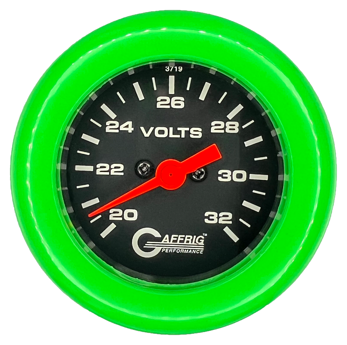 GAFFRIG 2 INCH ELECTRIC VOLTMETER GAUGE 16-32 VOLT - 270 DEGREE SWEEP BLACK / FAT RIM / LIME GREEN