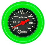 GAFFRIG 2 INCH ELECTRIC VOLTMETER GAUGE 16-32 VOLT - 270 DEGREE SWEEP BLACK / FAT RIM / LIME GREEN