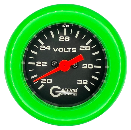 GAFFRIG 2 INCH ELECTRIC VOLTMETER GAUGE 16-32 VOLT - 270 DEGREE SWEEP BLACK / FAT RIM / LIME GREEN