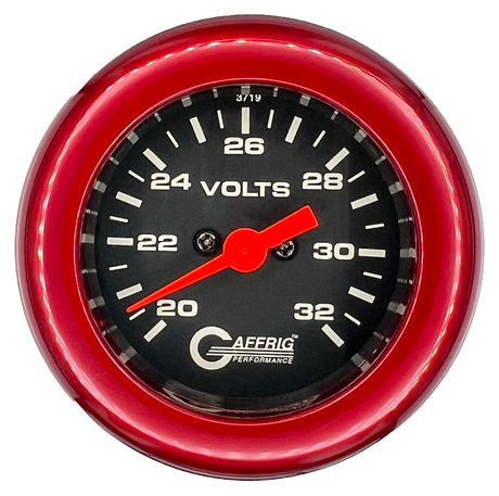 GAFFRIG 2 INCH ELECTRIC VOLTMETER GAUGE 16-32 VOLT - 270 DEGREE SWEEP BLACK / FAT RIM / RED