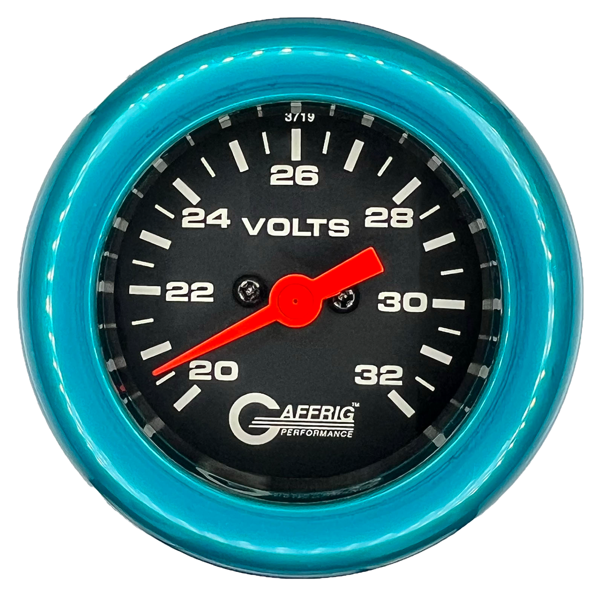 GAFFRIG 2 INCH ELECTRIC VOLTMETER GAUGE 16-32 VOLT - 270 DEGREE SWEEP BLACK / FAT RIM / TEAL