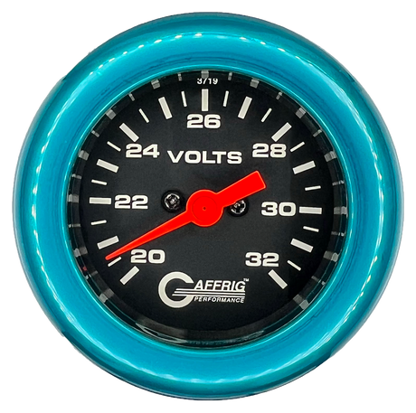 GAFFRIG 2 INCH ELECTRIC VOLTMETER GAUGE 16-32 VOLT - 270 DEGREE SWEEP BLACK / FAT RIM / TEAL