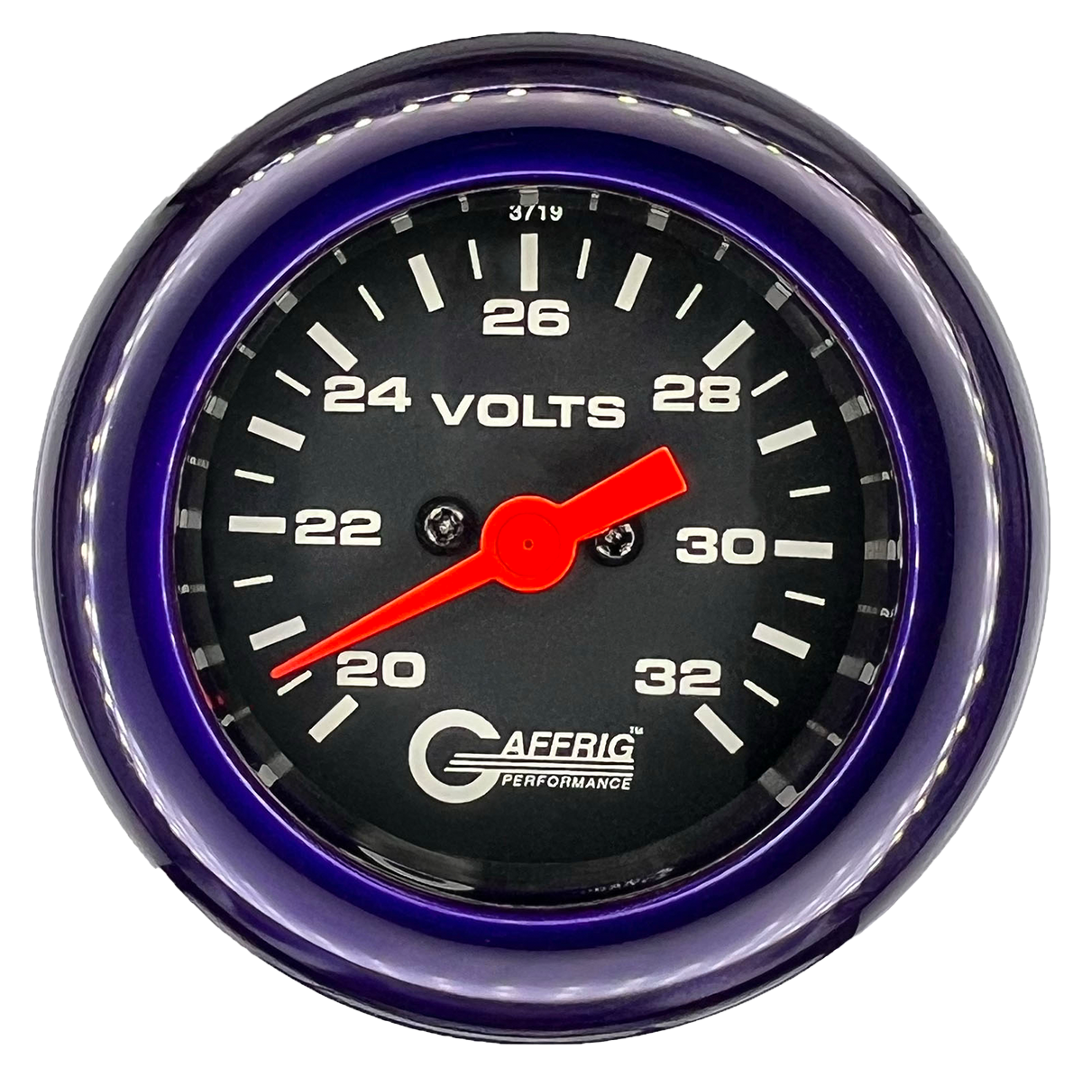 GAFFRIG 2 INCH ELECTRIC VOLTMETER GAUGE 16-32 VOLT - 270 DEGREE SWEEP BLACK / FAT RIM / PURPLE