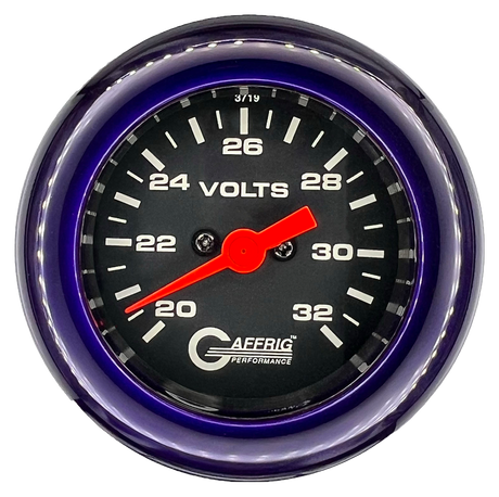 GAFFRIG 2 INCH ELECTRIC VOLTMETER GAUGE 16-32 VOLT - 270 DEGREE SWEEP BLACK / FAT RIM / PURPLE